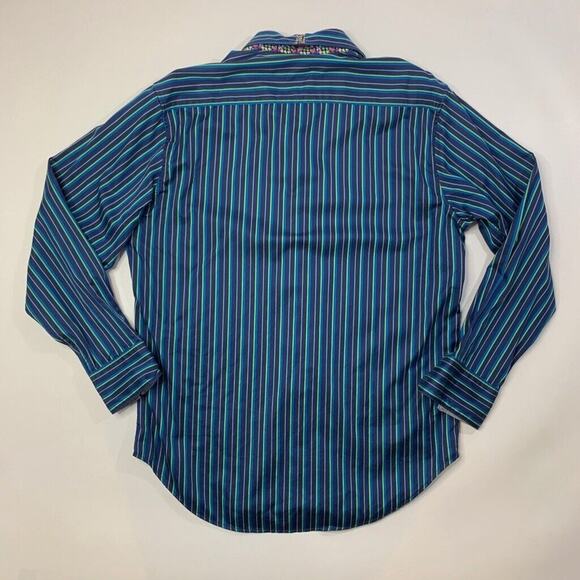 Robert Graham Shirt Mens L Large Navy Multi Cotton Flip Cuff Striped Button Up - Picture 8 of 11